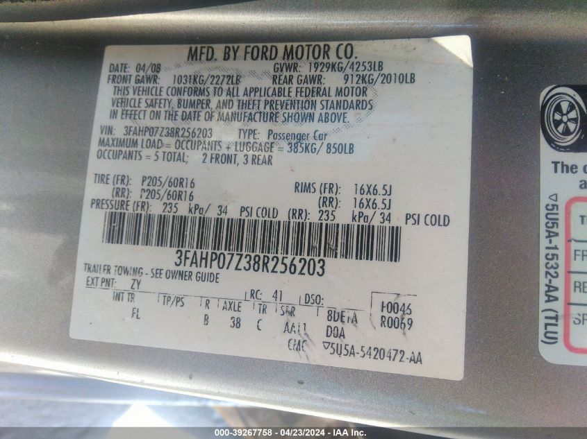 2008 Ford Fusion Se VIN: 3FAHP07Z38R256203 Lot: 39267758