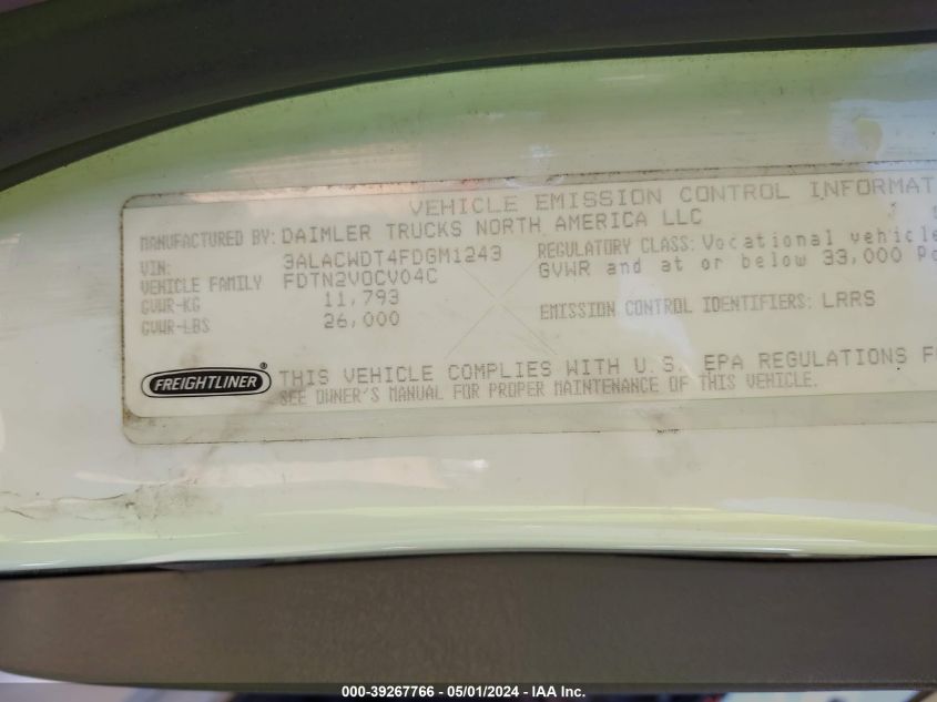 2015 Freightliner M2 106 Medium Duty VIN: 3ALACWDT4FDGM1243 Lot: 39235831