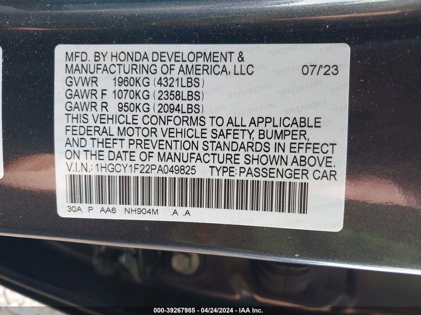 VIN 1HGCY1F22PA049825 2023 HONDA ACCORD LX