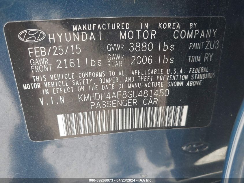 KMHDH4AE8GU481450 | 2016 HYUNDAI ELANTRA