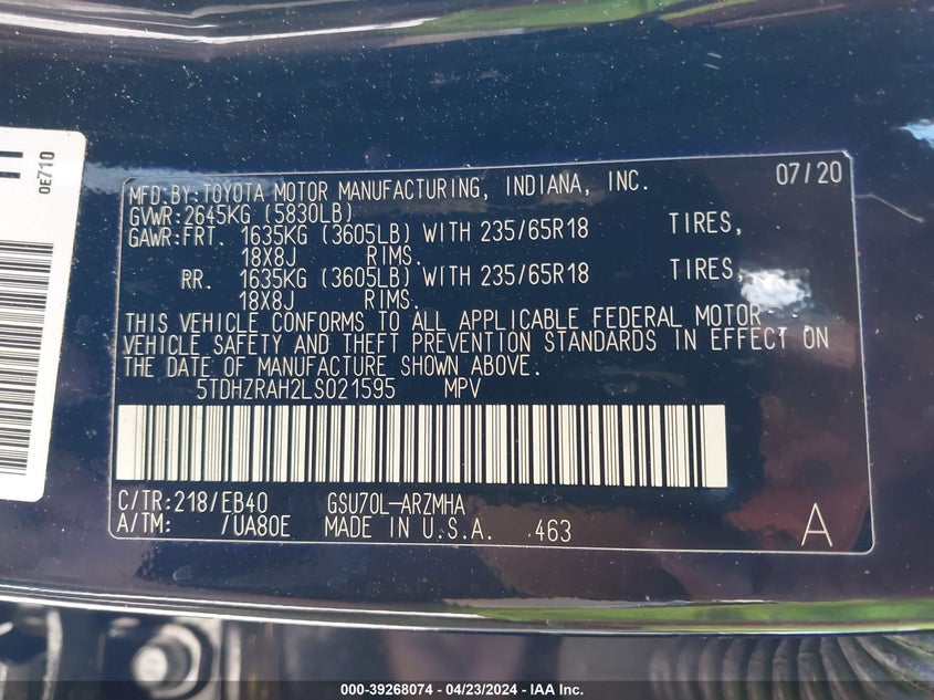 2020 TOYOTA HIGHLANDER VIN: 5TDHZRAH2LS021595