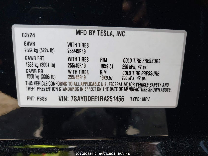 2024 TESLA MODEL Y U   U(VIN: 7SAYGDEE1RA251456