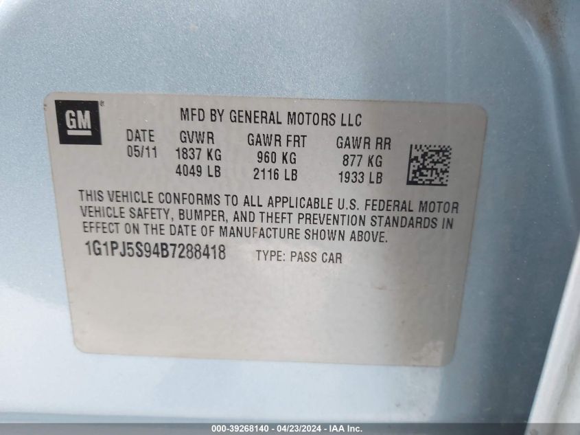 1G1PJ5S94B7288418 | 2011 CHEVROLET CRUZE