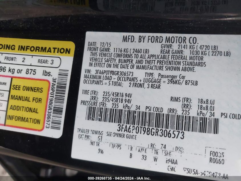 2016 FORD FUSION SE - 3FA6P0T98GR306573