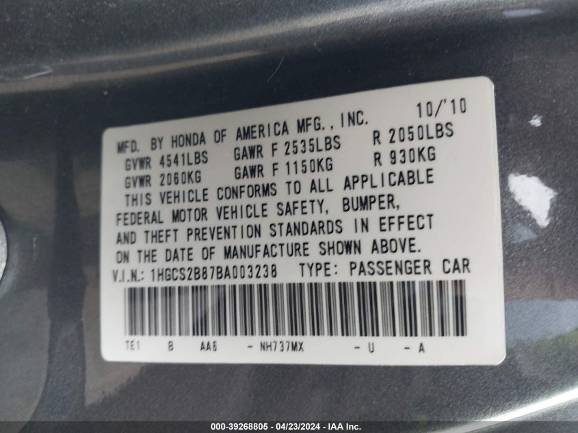 1HGCS2B87BA003238 | 2011 HONDA ACCORD