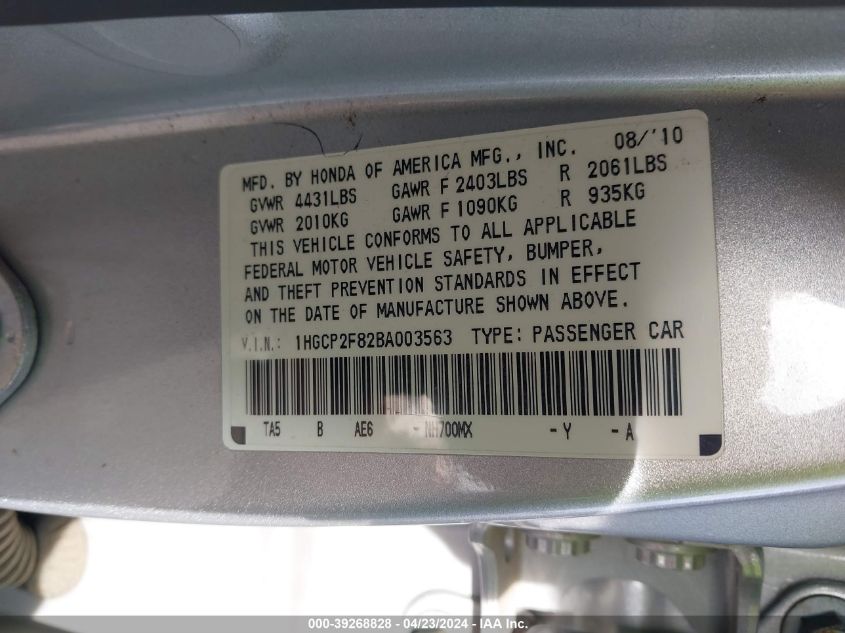 1HGCP2F82BA003563 | 2011 HONDA ACCORD