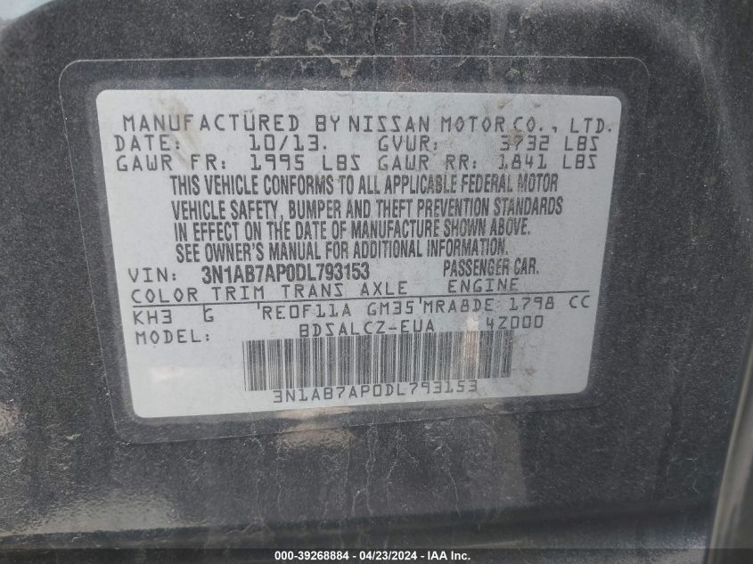 3N1AB7AP0DL793153 | 2013 NISSAN SENTRA