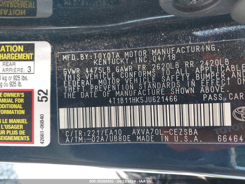 2018 TOYOTA CAMRY SE - 4T1B11HK5JU621466