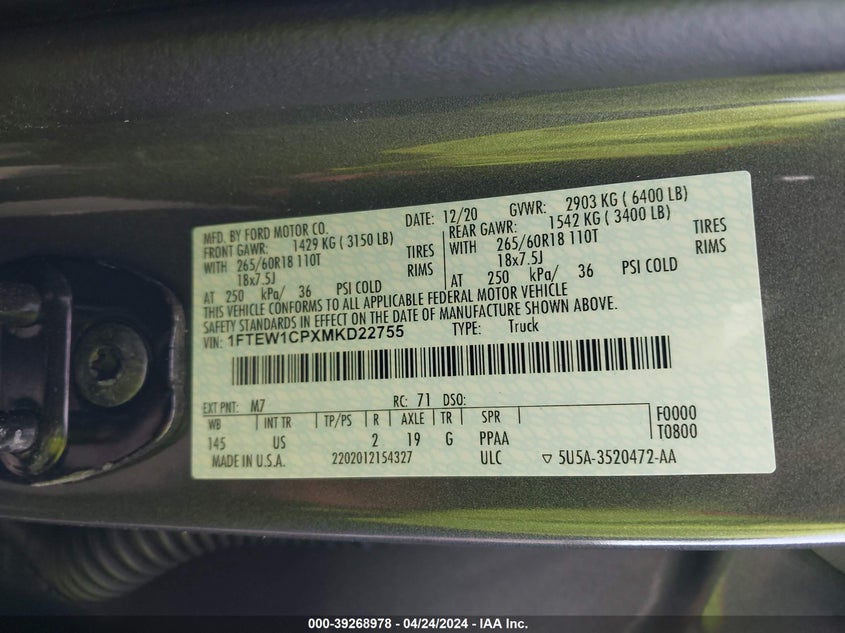 VIN 1FTEW1CPXMKD22755 2021 FORD F-150 XLT