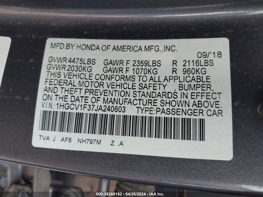 2018 HONDA ACCORD SPORT - 1HGCV1F37JA240603