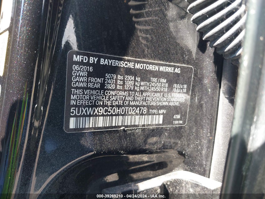 VIN 5UXWX9C50H0T02478 2017 BMW X3 XDRIVE28I