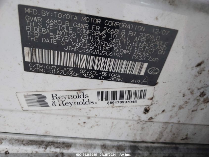 2008 Lexus Es 350 VIN: JTHBJ46G282206193 Lot: 39777529