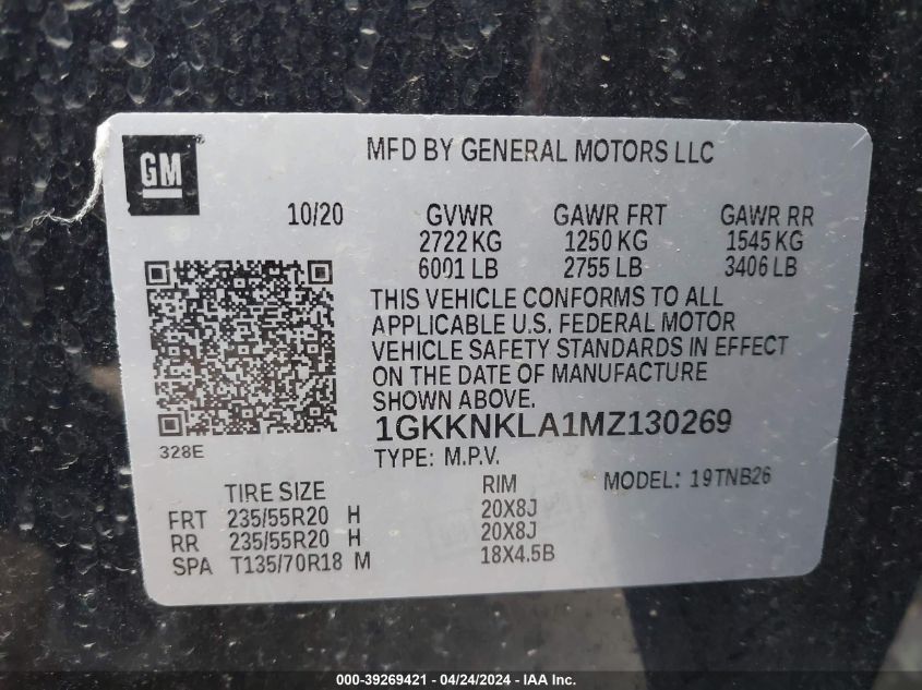 1GKKNKLA1MZ130269 2021 GMC Acadia Fwd Sle