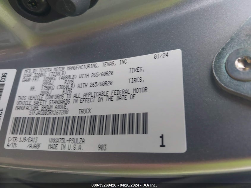 VIN 5TFJA5DB5RX167288 2024 TOYOTA TUNDRA LIMITED