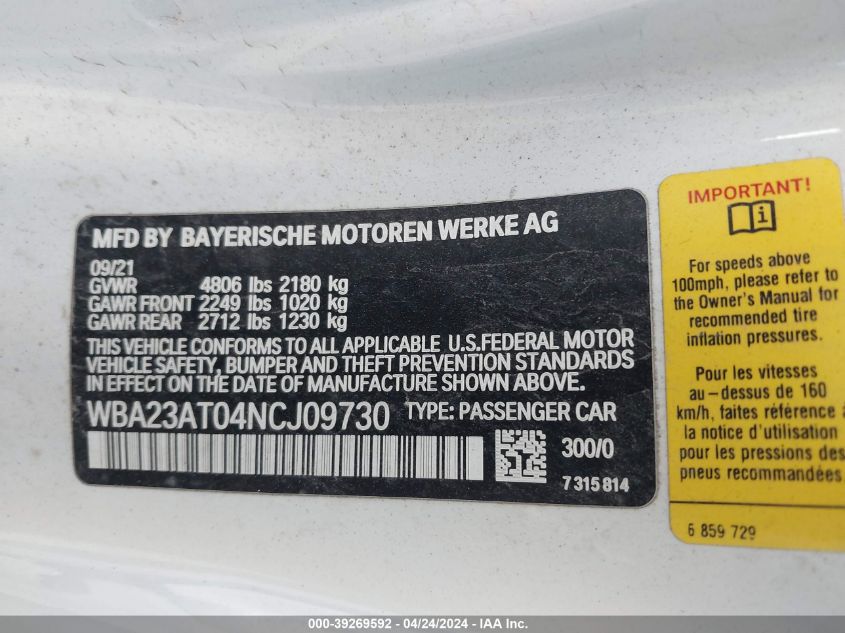 2022 BMW 430I VIN: WBA23AT04NCJ09730 Lot: 39269592