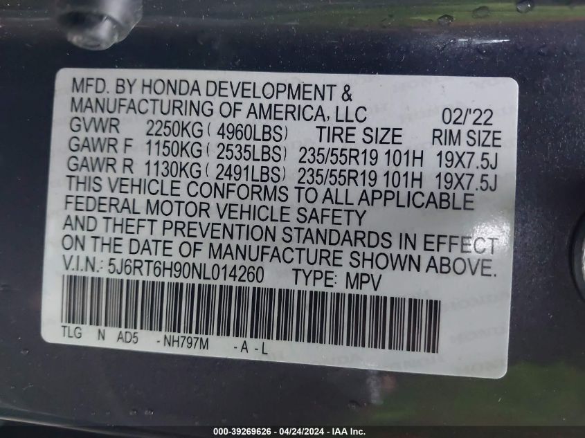 2022 Honda Cr-V Hybrid Touring VIN: 5J6RT6H90NL014260 Lot: 39269626