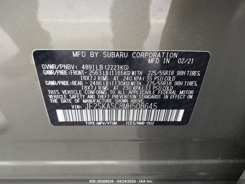 2021 SUBARU FORESTER 2.5L H4 FI DOHC 16V (VIN: JF2SKASC8MH508645