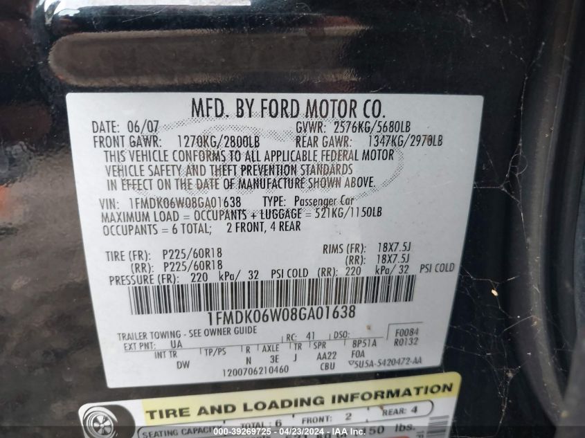 1FMDK06W08GA01638 | 2008 FORD TAURUS X