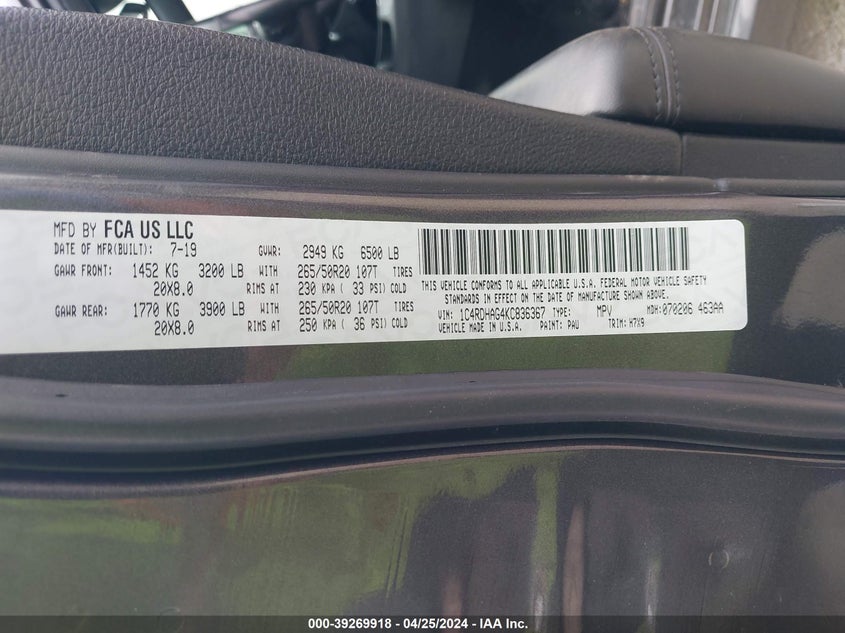 2019 DODGE DURANGO SXT - 1C4RDHAG4KC836367