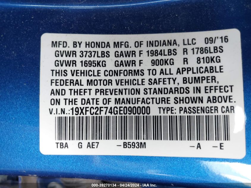 2016 Honda Civic Ex VIN: 19XFC2F74GE090000 Lot: 39270134