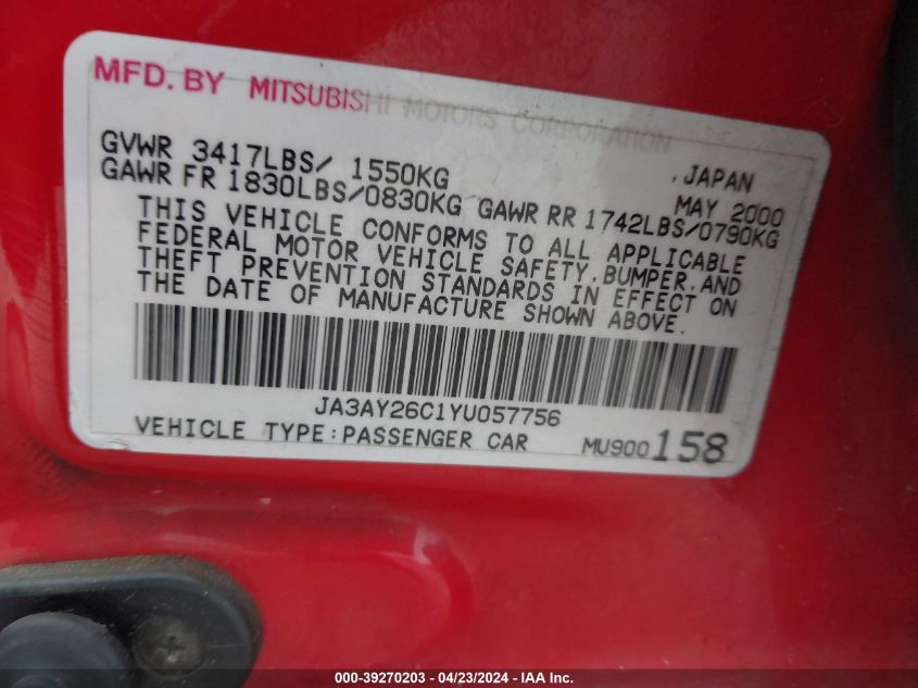 JA3AY26C1YU057756 2000 Mitsubishi Mirage De