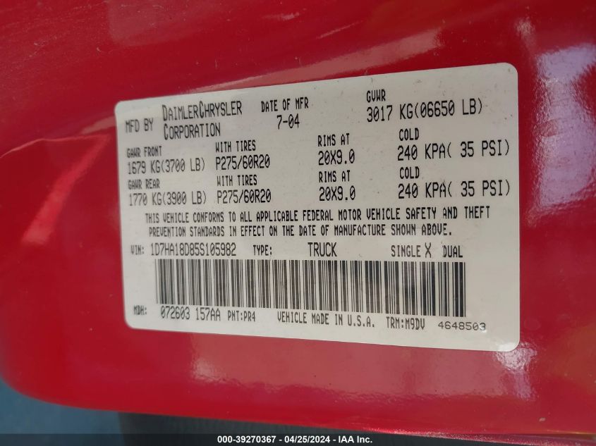2005 Dodge Ram 1500 Slt/Laramie VIN: 1D7HA18D85S105982 Lot: 39270367
