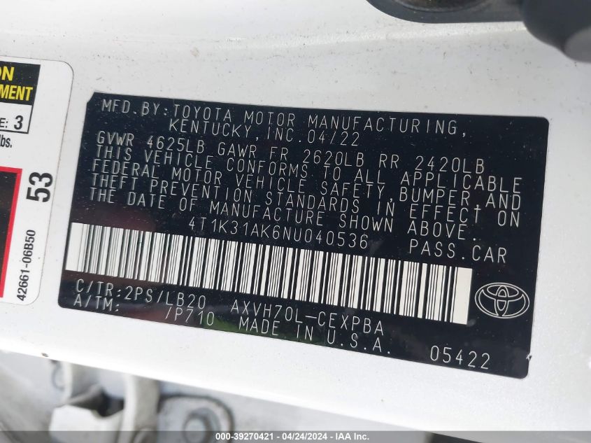 2022 Toyota Camry - 4T1K31AK6NU040536