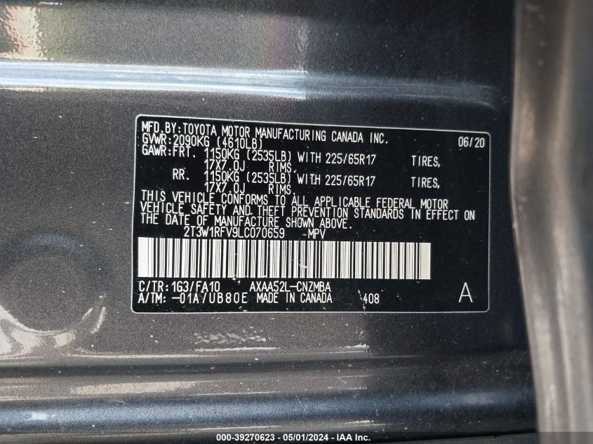 VIN 2T3W1RFV9LC070659 2020 Toyota RAV4, Xle no.9