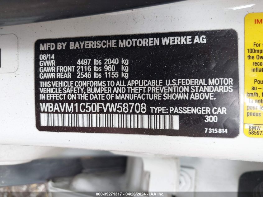 WBAVM1C50FVW58708 2015 BMW X1 Sdrive28I