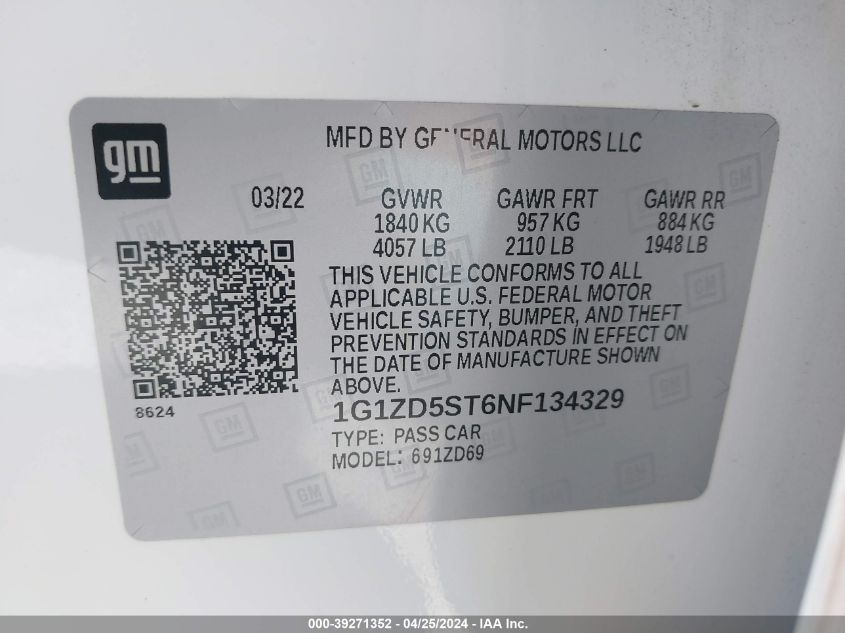 1G1ZD5ST6NF134329 | 2022 CHEVROLET MALIBU