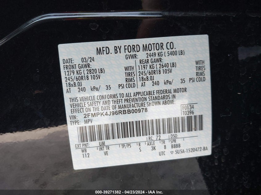 VIN 2FMPK4J96RBB00978 2024 FORD EDGE SEL