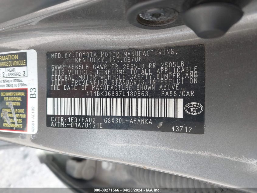 4T1BK36B87U180663 | 2007 TOYOTA AVALON