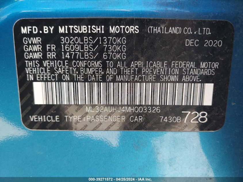 ML32AUHJ4MH003326 | 2021 MITSUBISHI MIRAGE