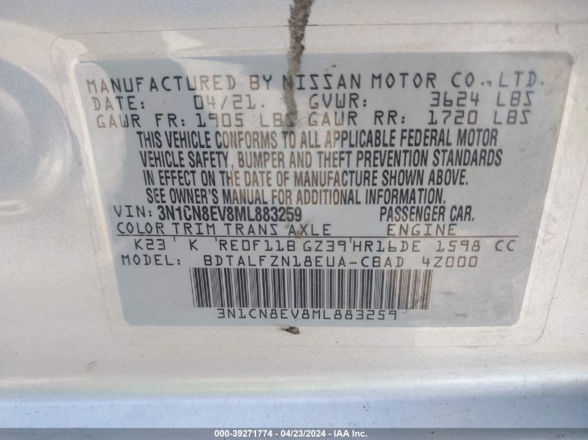 3N1CN8EV8ML883259 | 2021 NISSAN VERSA