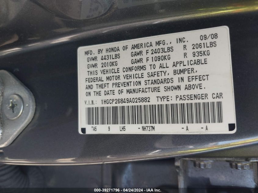 1HGCP26849A025882 | 2009 HONDA ACCORD