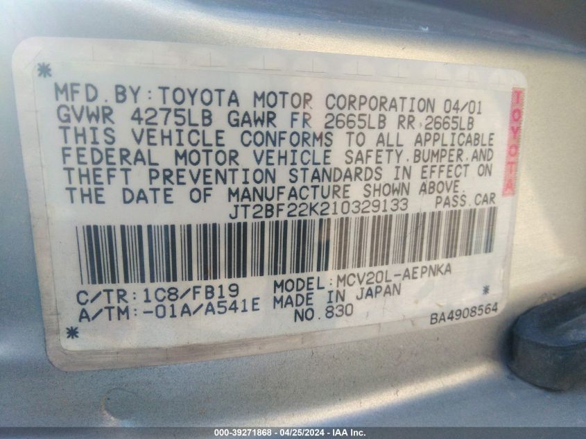 JT2BF22K210329133 2001 Toyota Camry Le V6