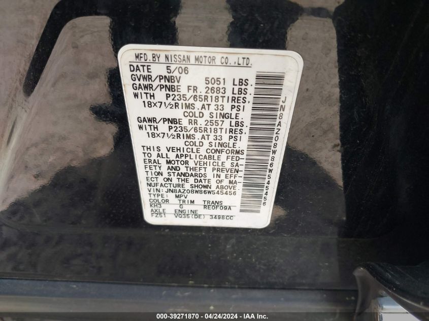 2006 Nissan Murano Sl VIN: JN8AZ08W86W545456 Lot: 39271870