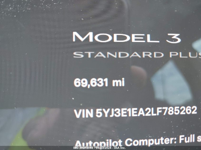 5YJ3E1EA2LF785262 | 2020 TESLA MODEL 3