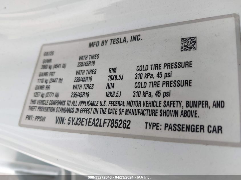 5YJ3E1EA2LF785262 | 2020 TESLA MODEL 3