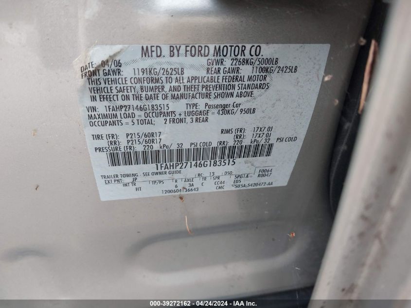 1FAHP27146G183515 | 2006 FORD FIVE HUNDRED