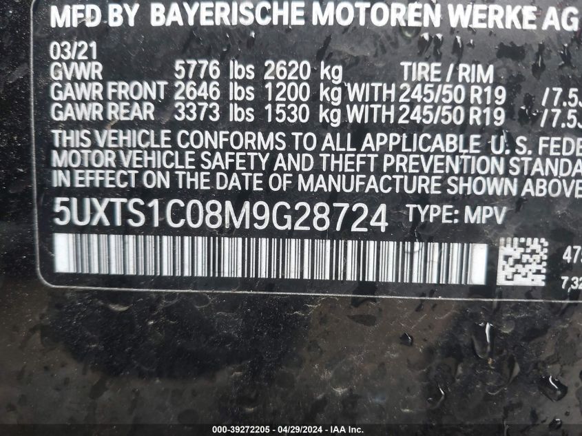 2021 BMW X3 PHEV XDRIVE30E 5UXTS1C08M9G28724
