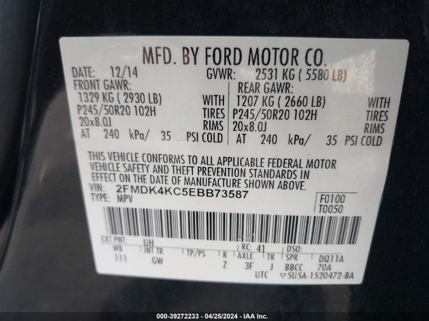 2FMDK4KC5EBB73587 2014 Ford Edge Limited