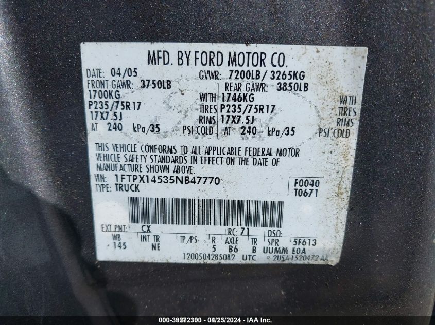 2005 Ford F-150 Fx4/Lariat/Xl/Xlt VIN: 1FTPX14535NB47770 Lot: 39272393