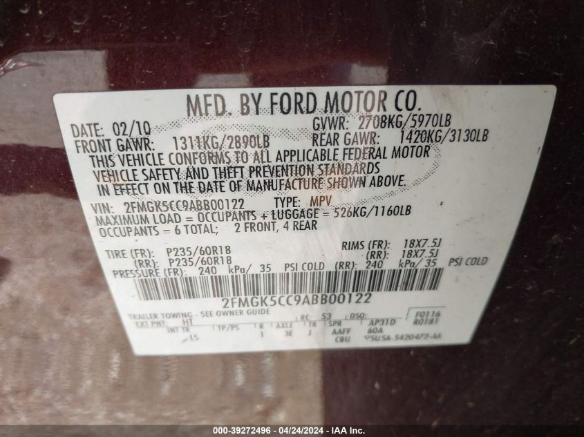 2FMGK5CC9ABB00122 2010 Ford Flex Sel