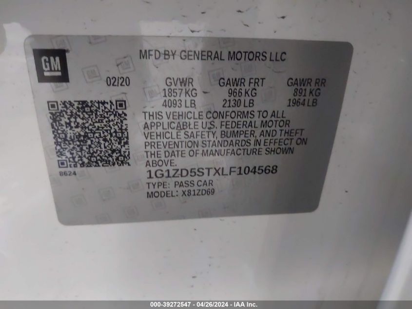 2020 Chevrolet Malibu Fwd Lt VIN: 1G1ZD5STXLF104568 Lot: 39272547