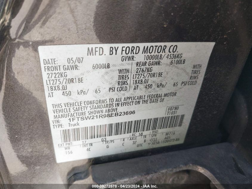 1FTSW21R98EB23696 | 2008 FORD F-250