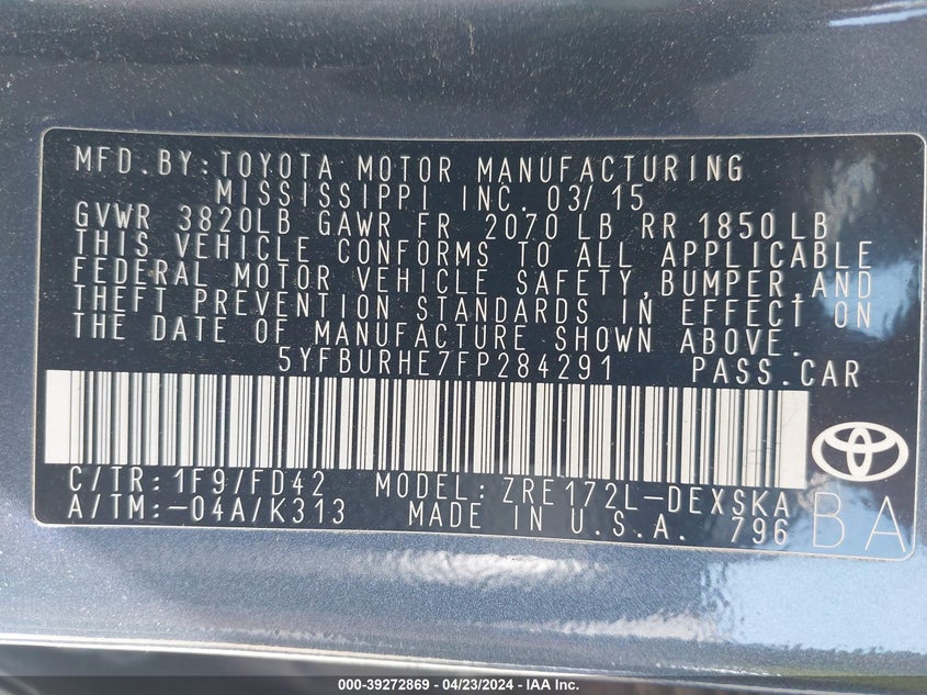 2015 TOYOTA COROLLA S PLUS - 5YFBURHE7FP284291