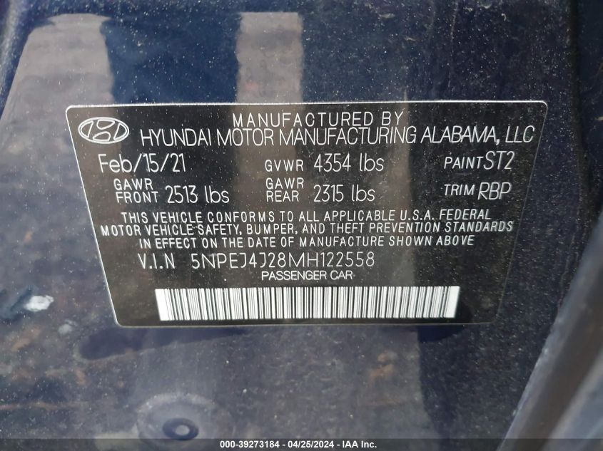 5NPEJ4J28MH122558 2021 Hyundai Sonata Sel Plus