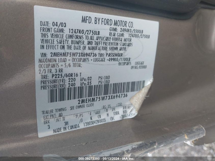2003 Mercury Grand Marquis Ls VIN: 2MEHM75W73X694736 Lot: 39273380