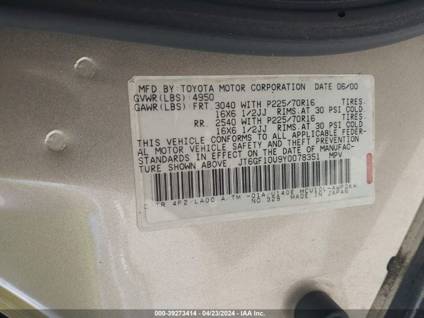 JT6GF10U9Y0078351 | 2000 LEXUS RX 300